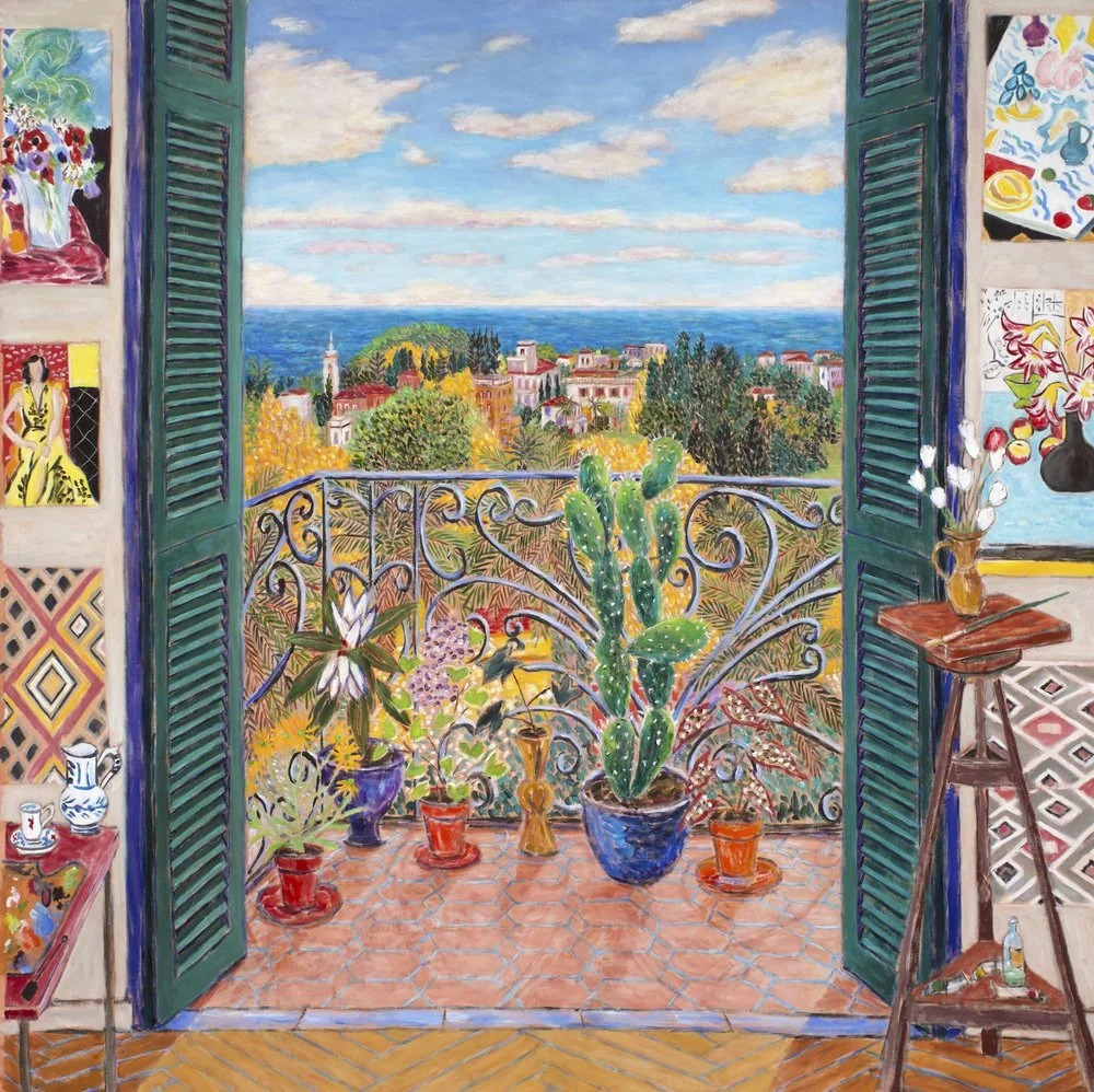 Painting of a balcony with plants overlooking a coastal Mediterranean town and sea