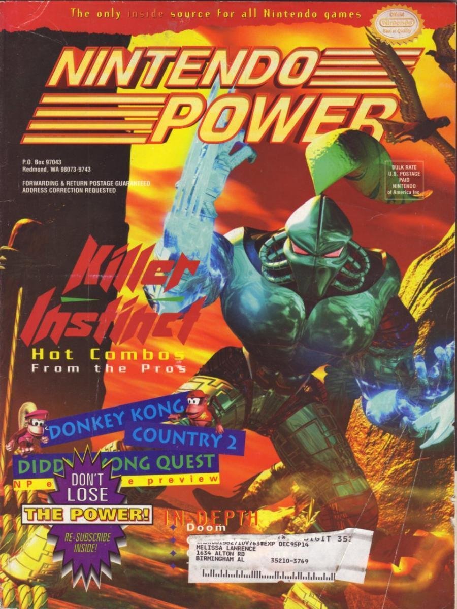 Nintendo Power magazine cover with Killer Instinct armored warrior and Donkey Kong Country 2 text