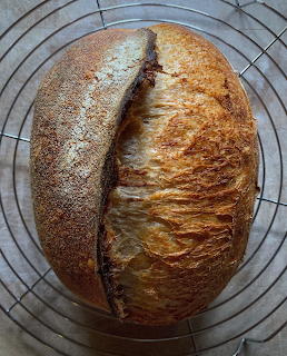 Top view of a crusty sourdough bread loaf on a round wire cooling rack