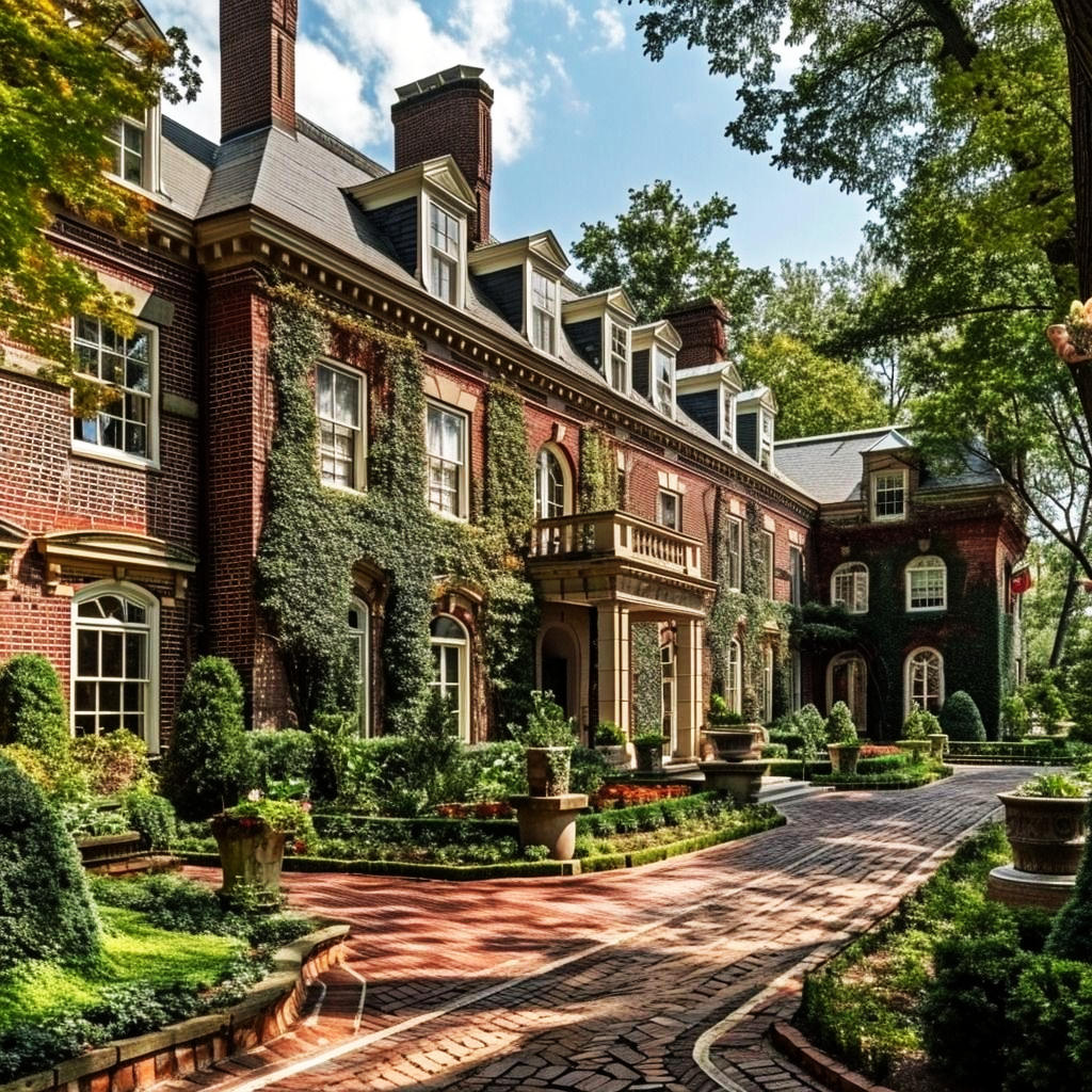 Large ivy-covered brick mansion with formal garden and circular brick driveway