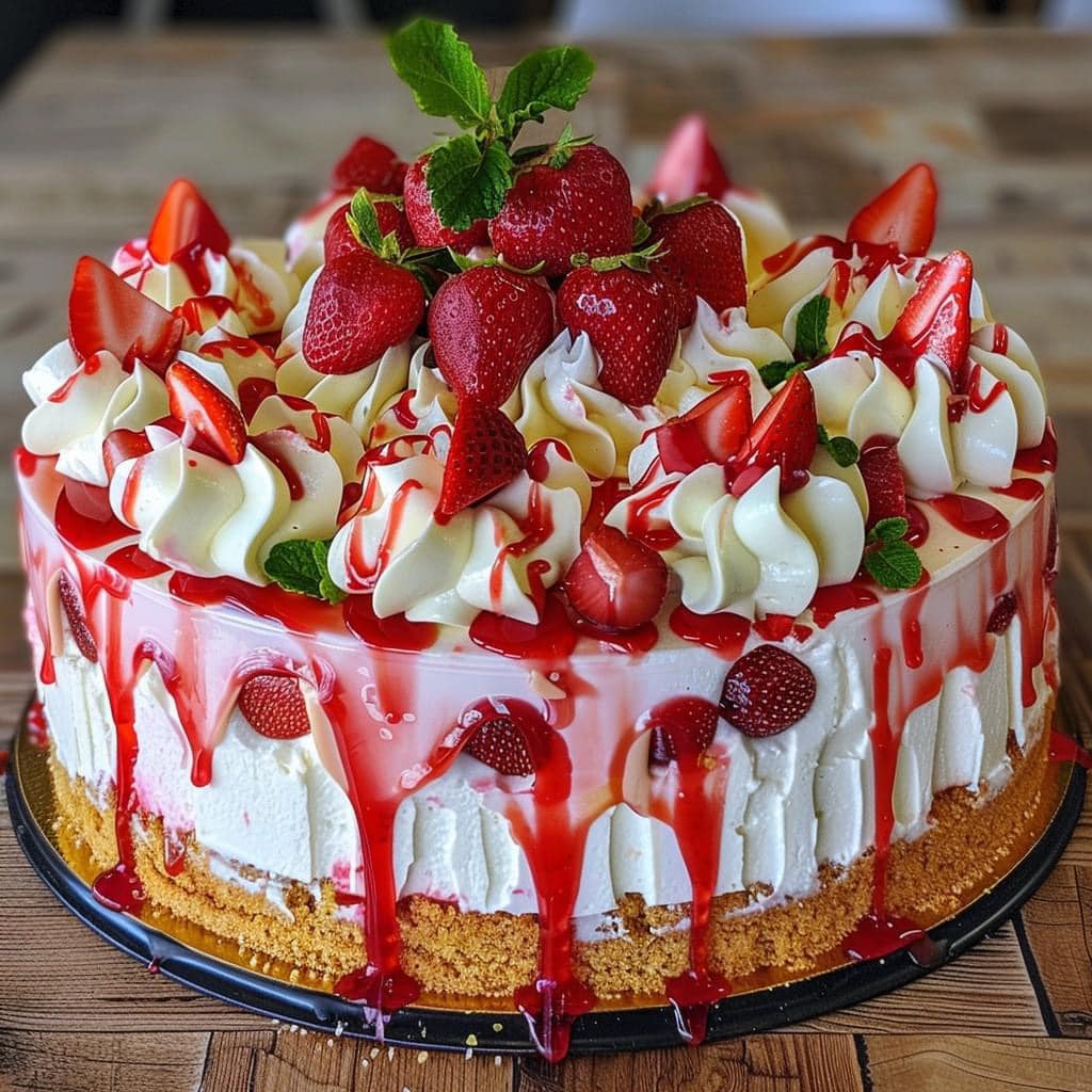 Round cake topped with strawberries, cream swirls, and red sauce drips on wooden table