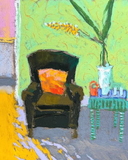 Chalk pastel painting of living room interior with green chair and bright green wall