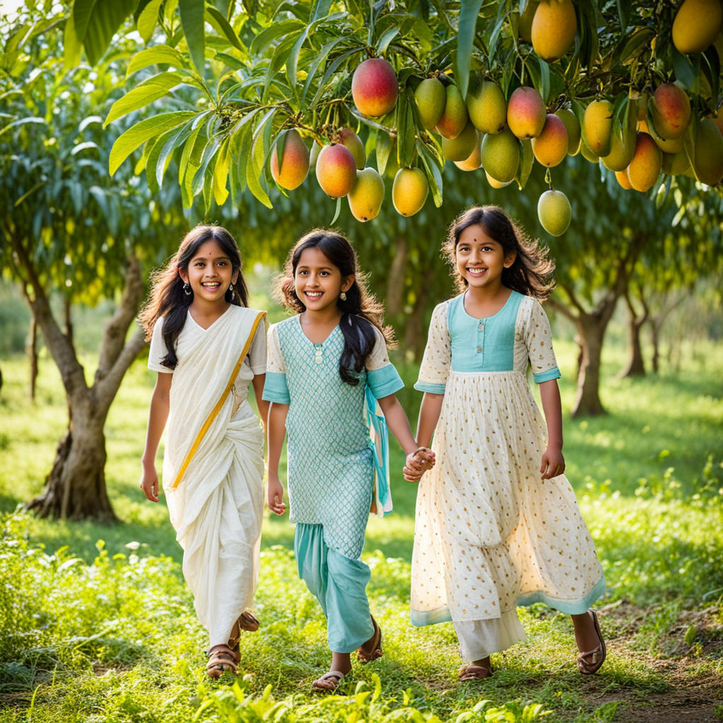 Three smiling girls walking together under mango trees in a sunny orchard