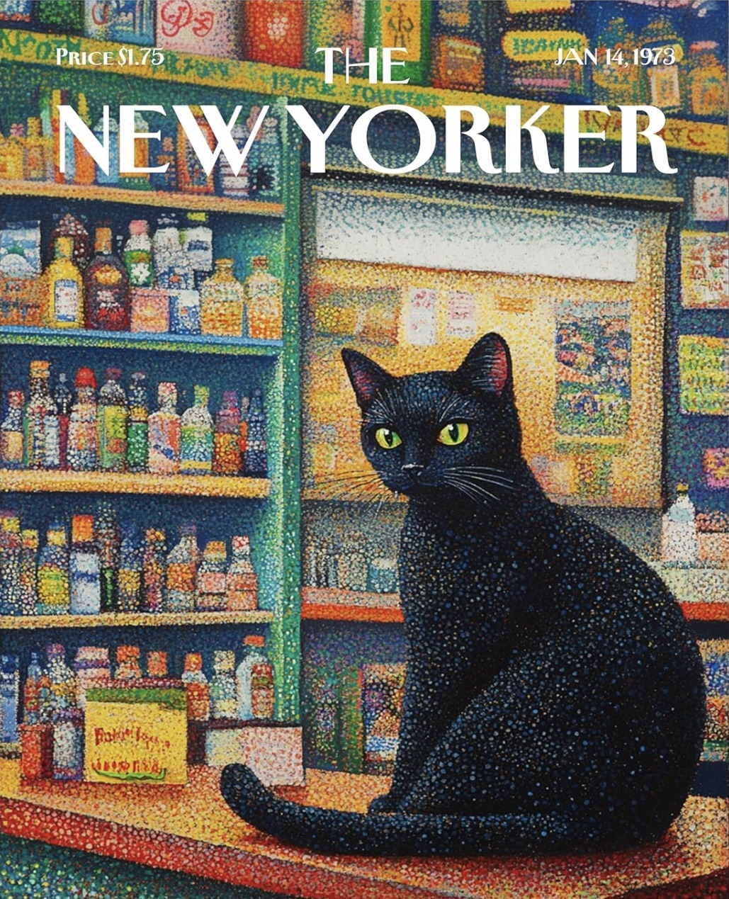 Illustrated magazine cover of a cat sitting in a bodega shop interior