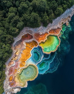 Aerial view of vibrant terraced hot springs with blue, orange, and yellow pools bordered by forest and turquoise water