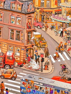 Colorful illustration of a busy European street with shops, people, and vintage cars
