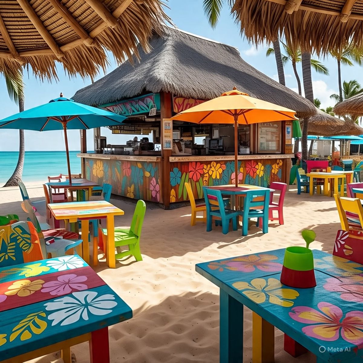 Colorful tropical beach bar with painted tables, thatched roof, and ocean view