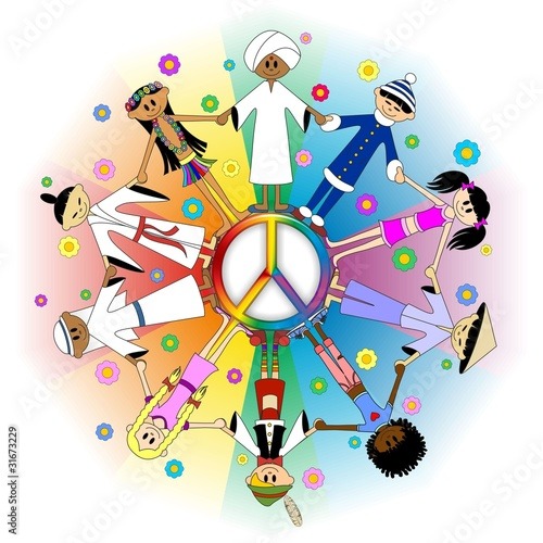 Colorful cartoon children in a circle around a peace symbol