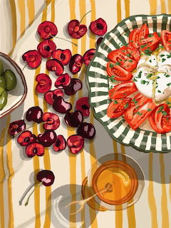 Overhead view of appetizer plates with tomatoes, mozzarella, cherries, and olives on yellow striped table