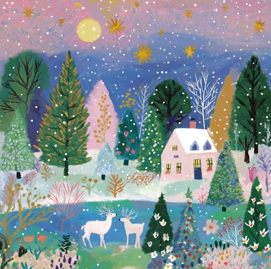 Whimsical snowy forest scene with a cottage, deer, moon, and falling snow