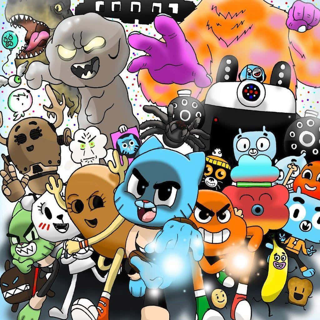 Colorful cartoon collage of Gumball and other animated characters in a busy group scene