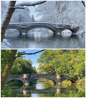Stone bridge over water in winter and summer side by side