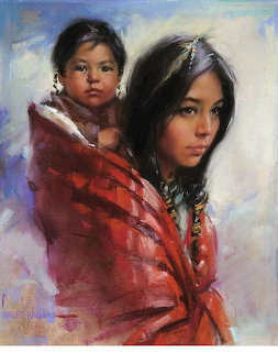 Pastel painting of a Native American mother holding a child wrapped in a red blanket