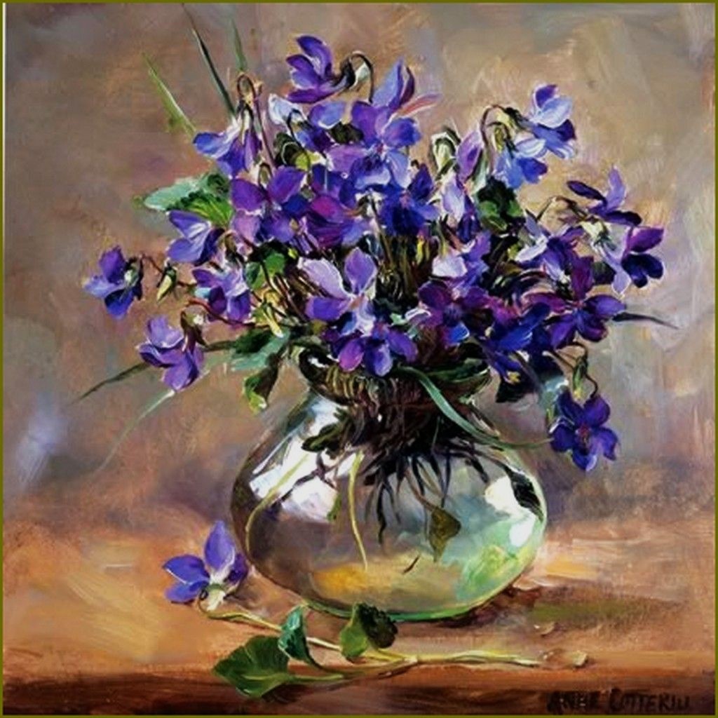 Painting of purple flowers in a round glass vase