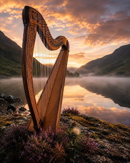 Wooden Irish harp beside a misty mountain lake at sunset