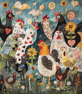 Colorful quilt-style illustration of chickens and roosters standing among flowers
