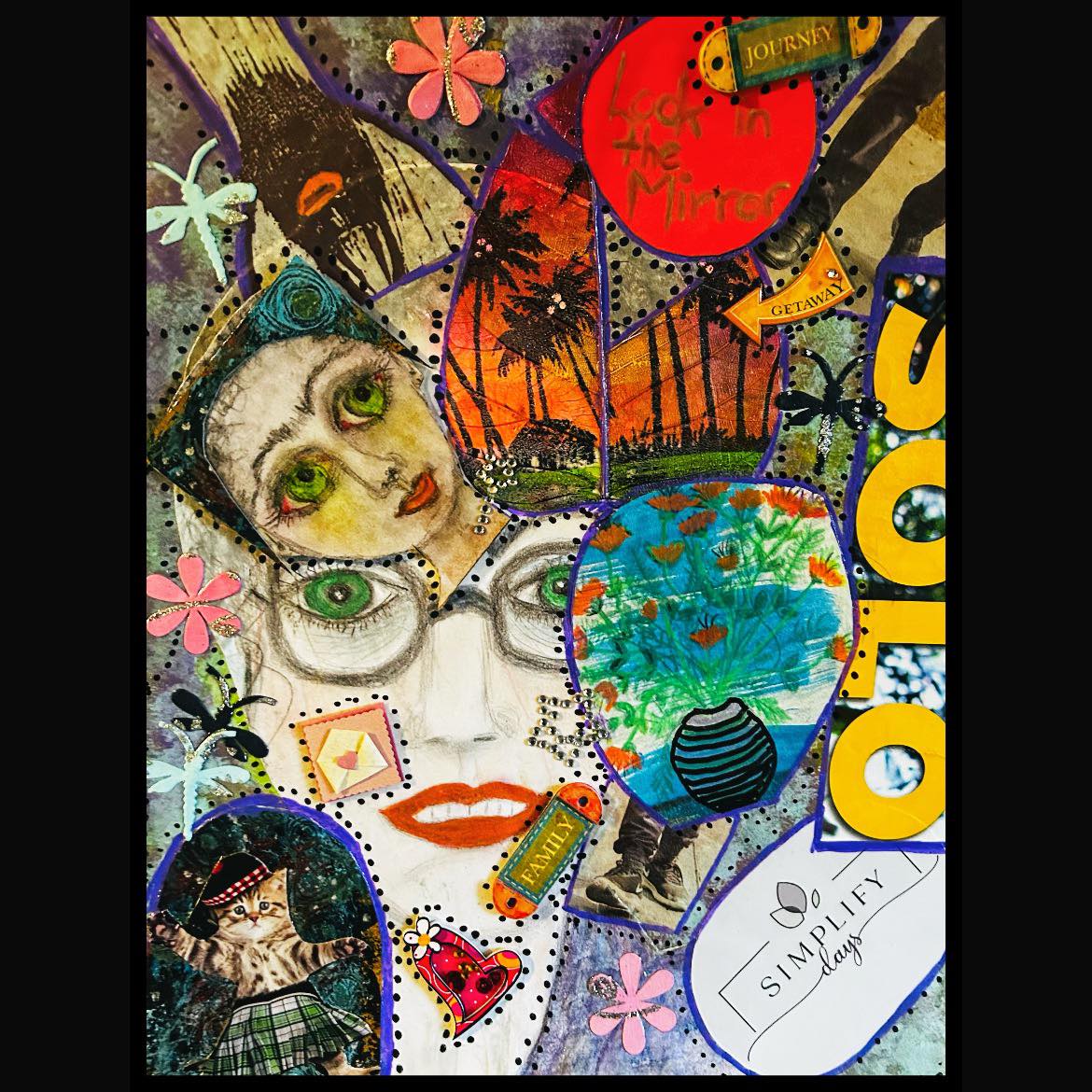 Colorful mixed media collage with layered female portraits, flowers, geometric shapes, and abstract patterns