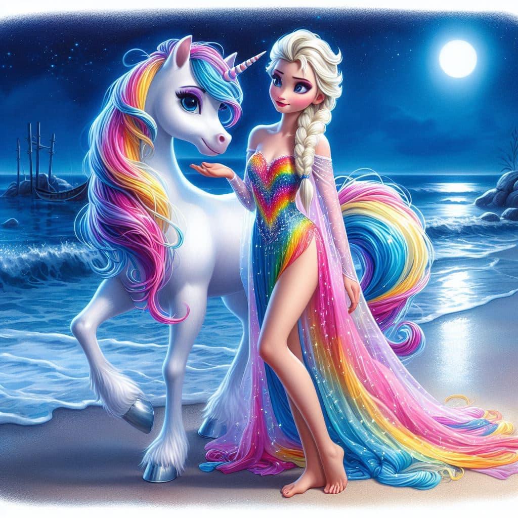 Elsa with rainbow unicorn on moonlit beach under starry sky