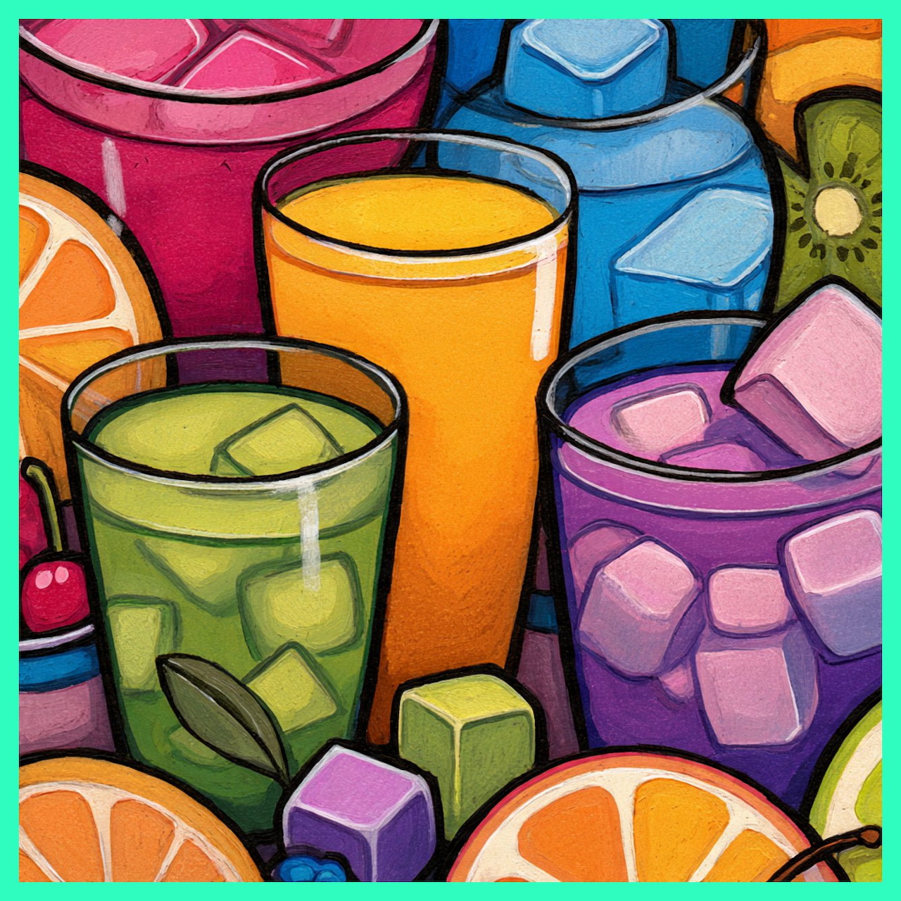 Colorful illustrated drinks with ice cubes and orange slices in pink, blue, orange, green, and purple glasses
