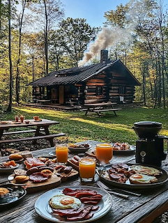 Breakfast table with eggs, bacon, and juice outdoors at a log cabin in autumn forest
