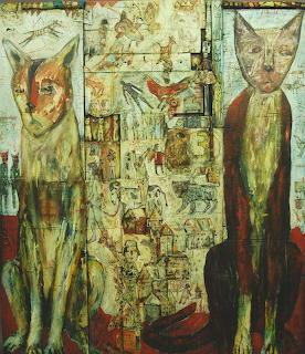 Abstract painting of two tall stylized cats with a textured collage background