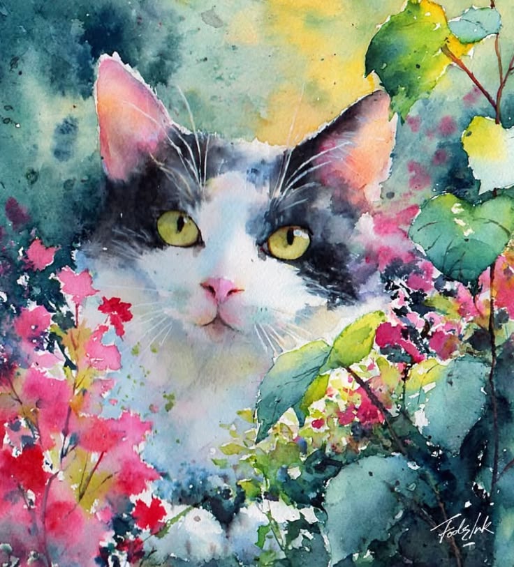 Watercolor painting of a black and white cat surrounded by pink flowers and green leaves