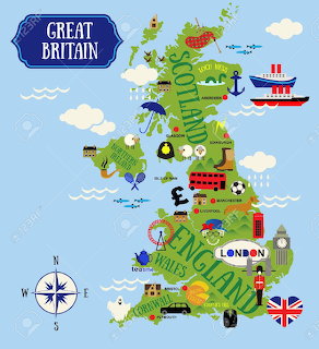 Illustrated map of Great Britain with regional labels and British icons on a blue background