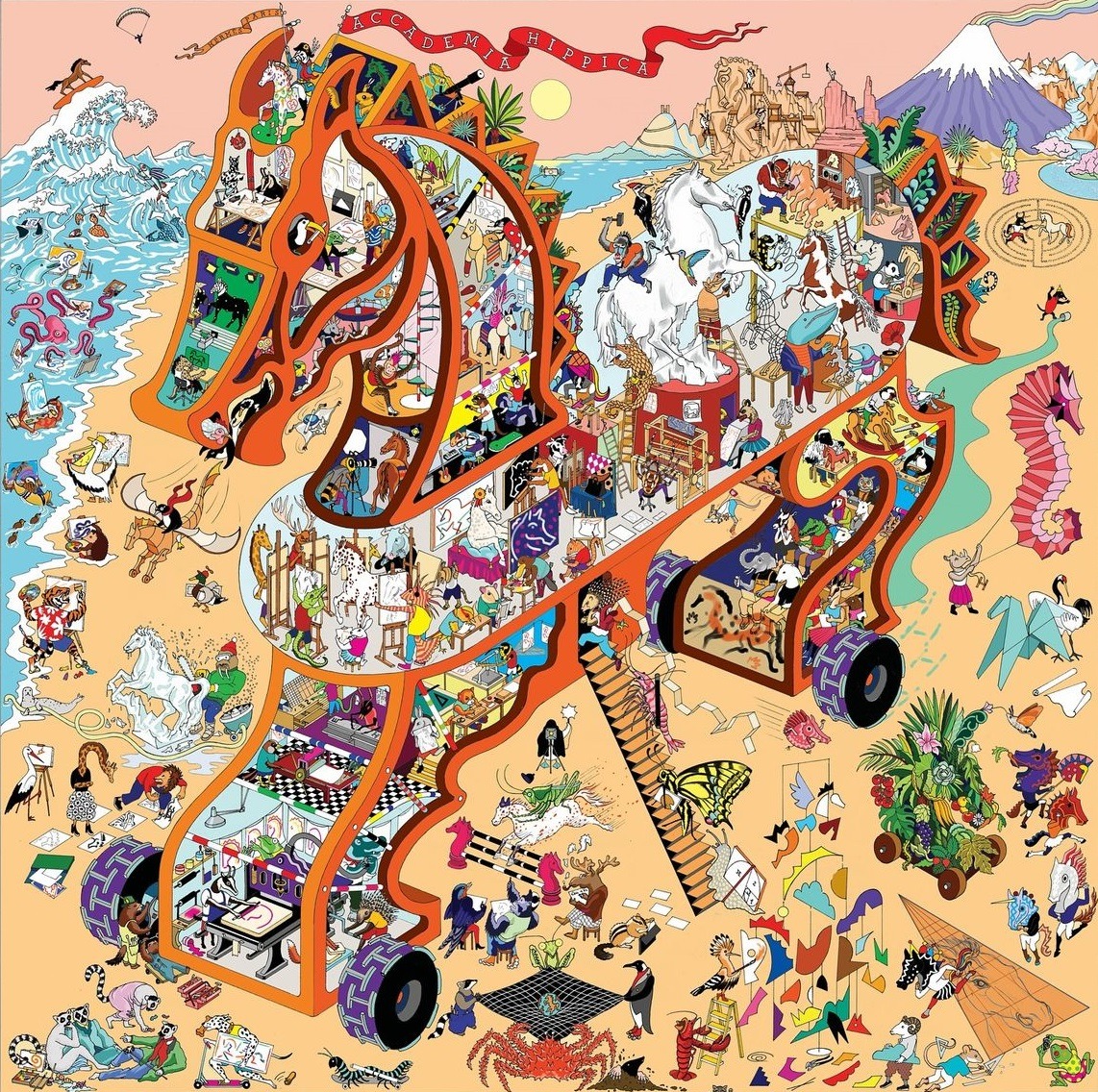Colorful illustration of horse-shaped academy building with students and activities in desert setting