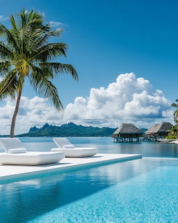 Infinity pool with white loungers, palm tree, and tropical ocean view with mountains