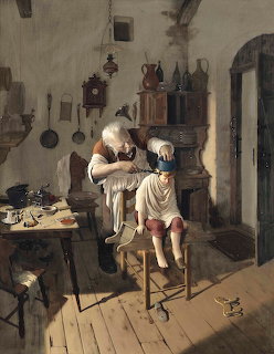 Vintage painting of barber giving haircut to child standing on stool in old-fashioned room