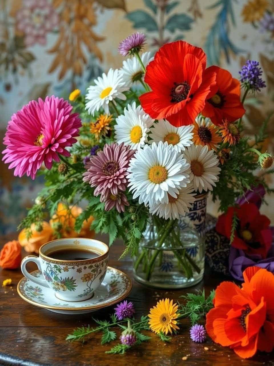 Colorful bouquet of daisies, poppies, and asters in a glass jar beside a teacup on a wooden table