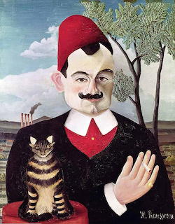 Henri Rousseau painting of a man in a red fez hat with a tabby cat in a naive art style