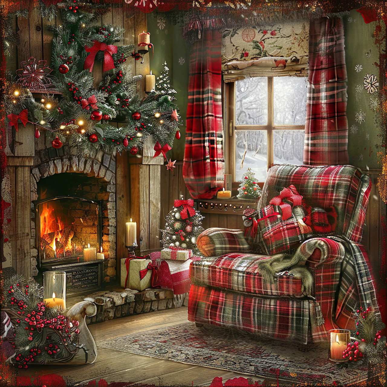 Cozy Christmas living room with fireplace, plaid chair, decorated tree, and holiday decorations
