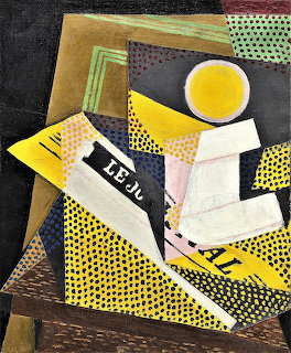 Cubist painting with geometric shapes, newspaper fragments, yellow circle, and dotted patterns by Juan Gris