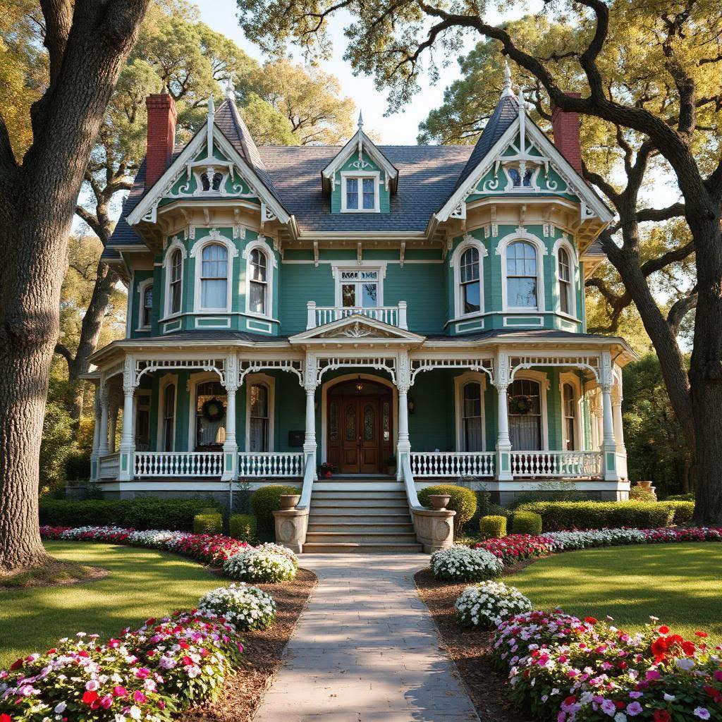 Ornate Victorian mansion with teal exterior, white trim, wraparound porch, and flower garden