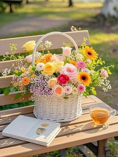 Vibrant flower basket with tea cup and book on wooden outdoor bench