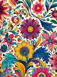Colorful folk art floral pattern with large flowers, swirls, and leaves in vibrant reds, yellows, blues, and pinks