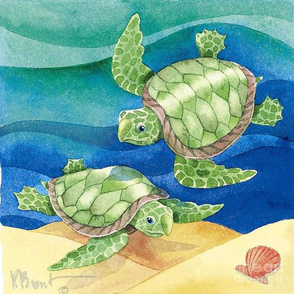 Watercolor illustration of two green sea turtles swimming in blue ocean water above sandy bottom with pink seashell