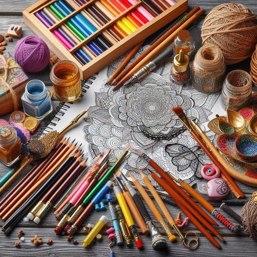 Art supplies surrounding an intricate mandala coloring page on a wooden surface