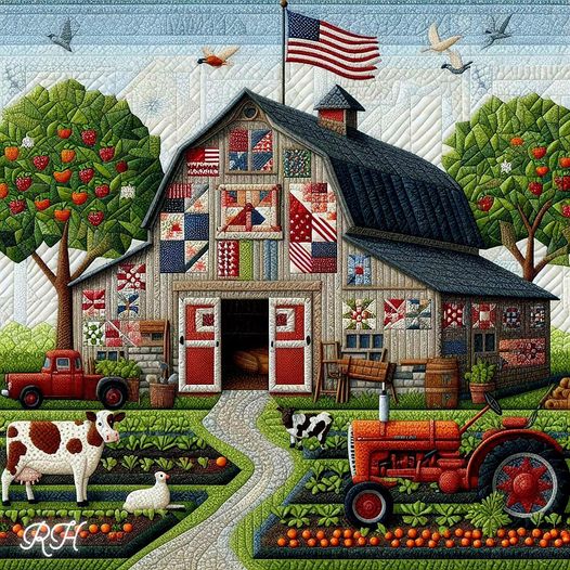 Folk art barn with quilt patterns, cow, tractor, and apple trees in a farmyard