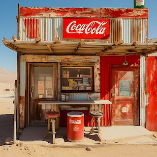 Abandoned rustic Coca-Cola refreshment stand with red and white corrugated metal exterior in desert landscape