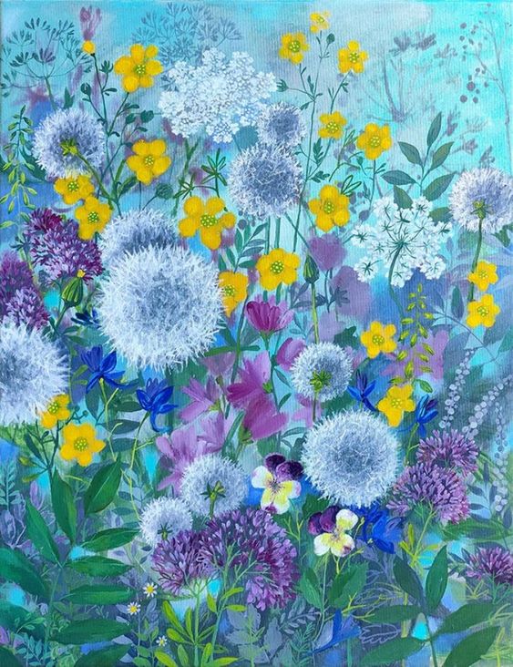 Colorful floral painting with dandelions and wildflowers on turquoise background