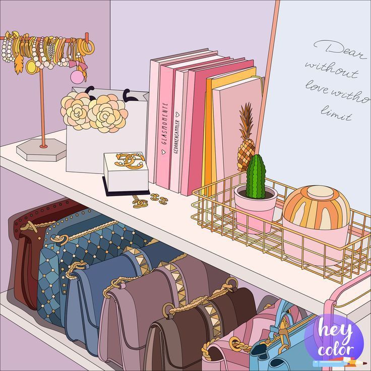Pastel illustration of handbags, books, jewelry, and decor on white shelves