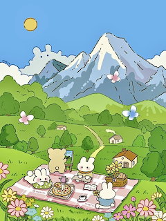 Cute cartoon bear and buny having a picnic on green hills with a snowy mountain in the background