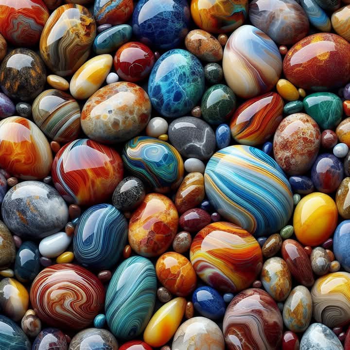 Collection of polished gemstones in various sizes, colors, and natural banding patterns