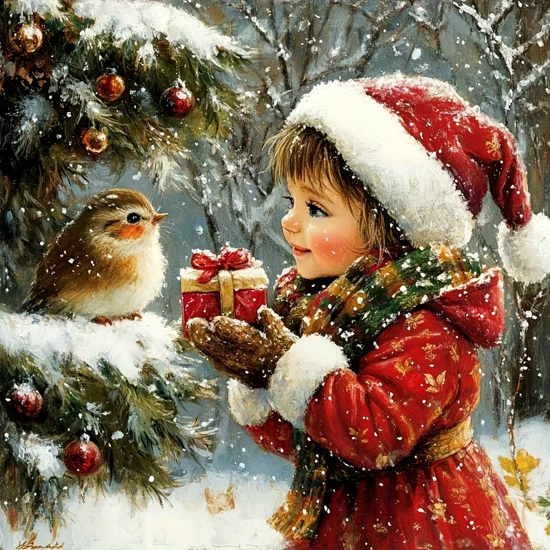 Child in red Santa outfit holding gift box with robin bird on snowy Christmas tree