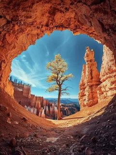 View through natural arch at Bryce Canyon with orange rock formations, lone tree and blue sky
