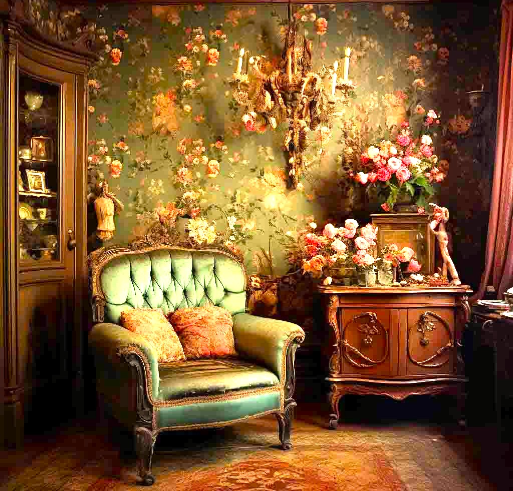 Vintage room corner with green tufted armchair, floral wallpaper, crystal chandelier, and ornate wooden cabinet