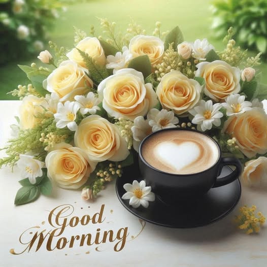 Latte with heart foam beside cream roses and white flowers, with Good Morning text