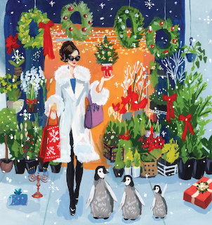 Illustration of a fashionable woman in white coat with shopping bags walking with penguins at a Christmas market